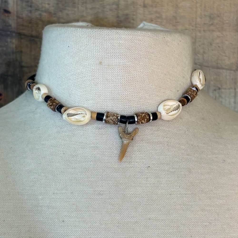 Shark Tooth Cowrie Shell Beaded Necklace Black Heishi Surfer Boho